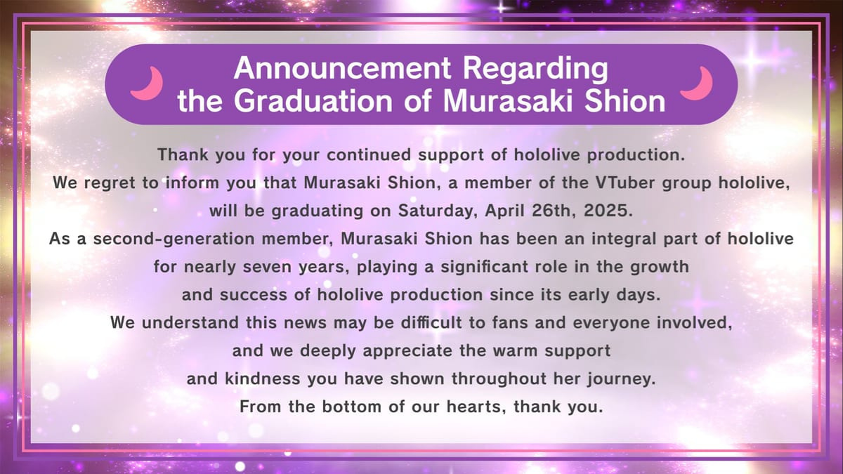 Murasaki Shion from Hololive JP is Graduating