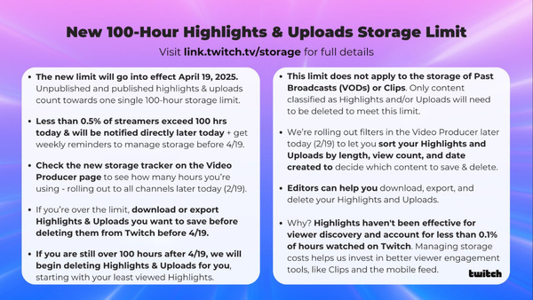 Twitch Limits Highlights & Uploads Storage